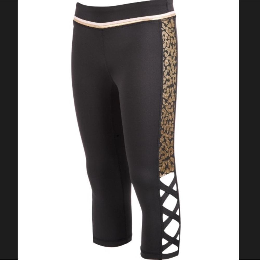 Ideology Junior girls Gold Pattern Pull on Black Caged Capri Leggings L / 14